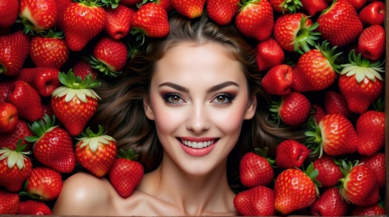 Portrait of a smiling young woman against the backdrop of a pile of fresh, delicious strawberries
