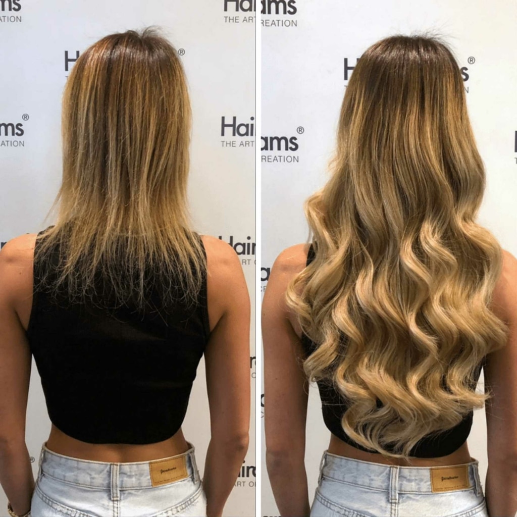Comparison with and without Hairdreams extensions on woman with blond hair
