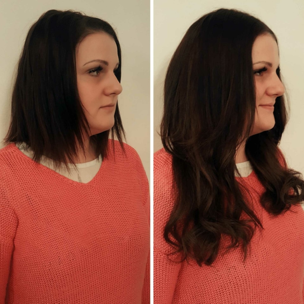 Before and after picture with Hairdreams hair extensions with dark hair