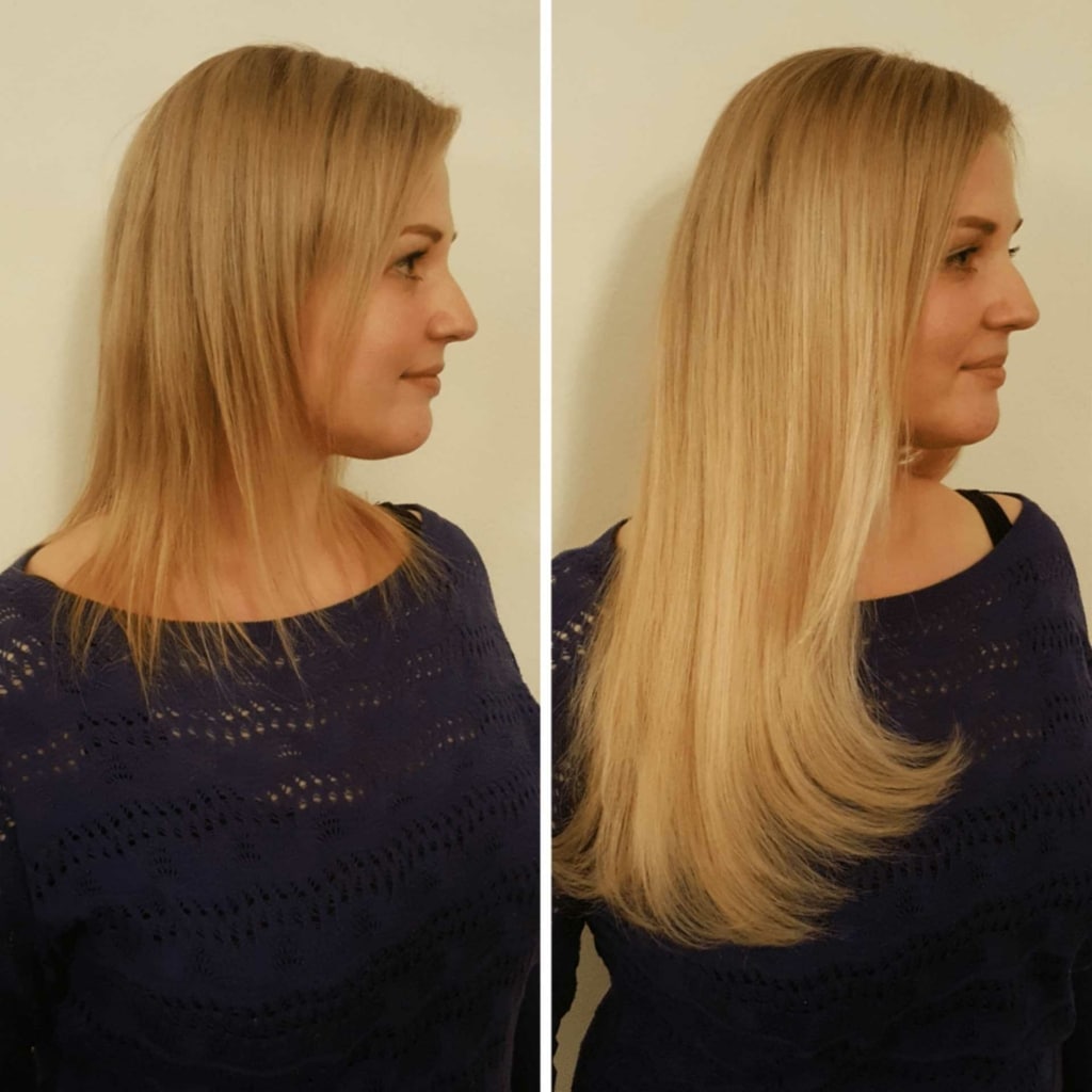 Before and after picture with hair extension on woman with blonde hair