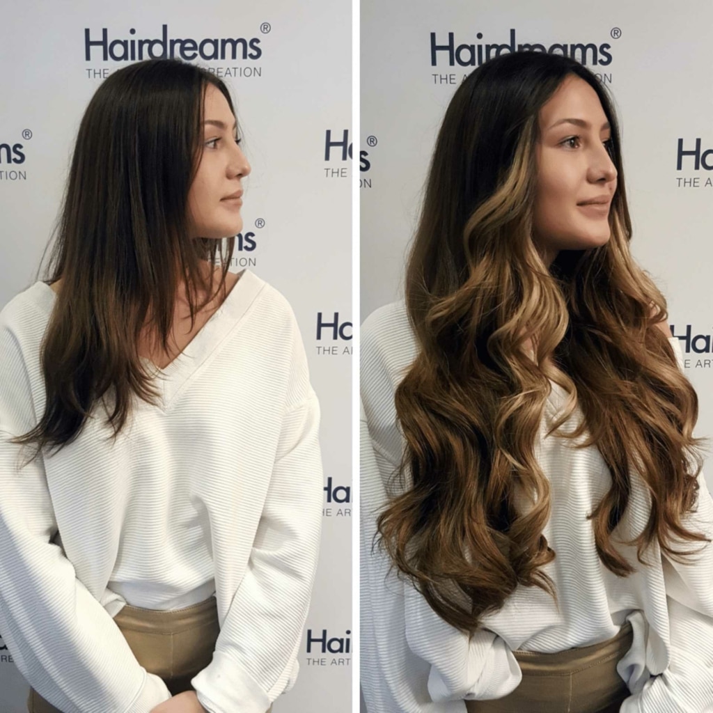 Before and after picture at hair extension of a woman with brown hair