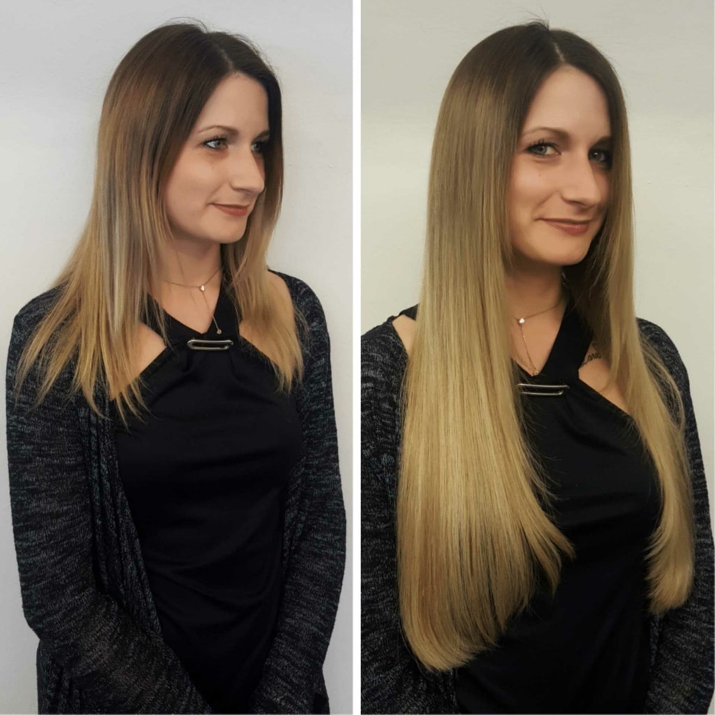 Before and after picture of hair extension on a woman with Hairdreams