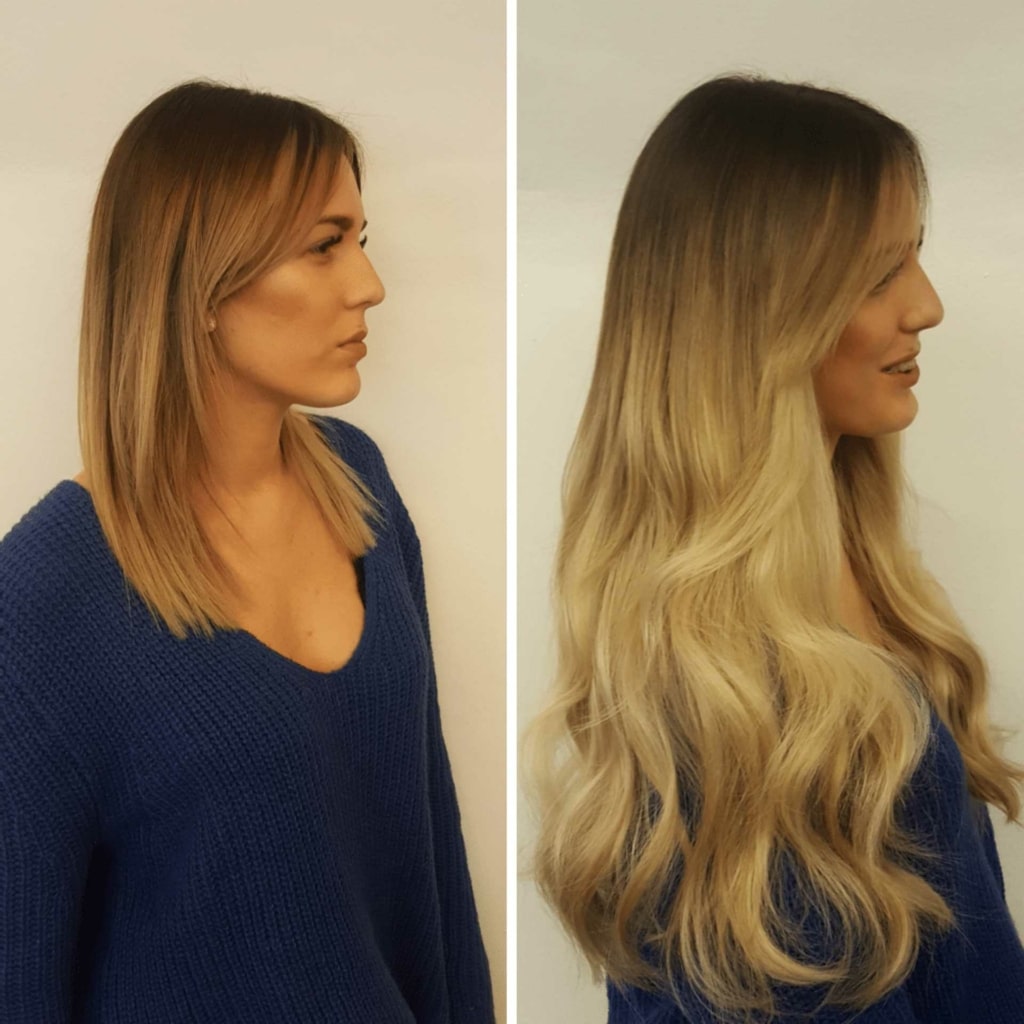 Transformation in woman with hair extension Hairdreams blonde hair