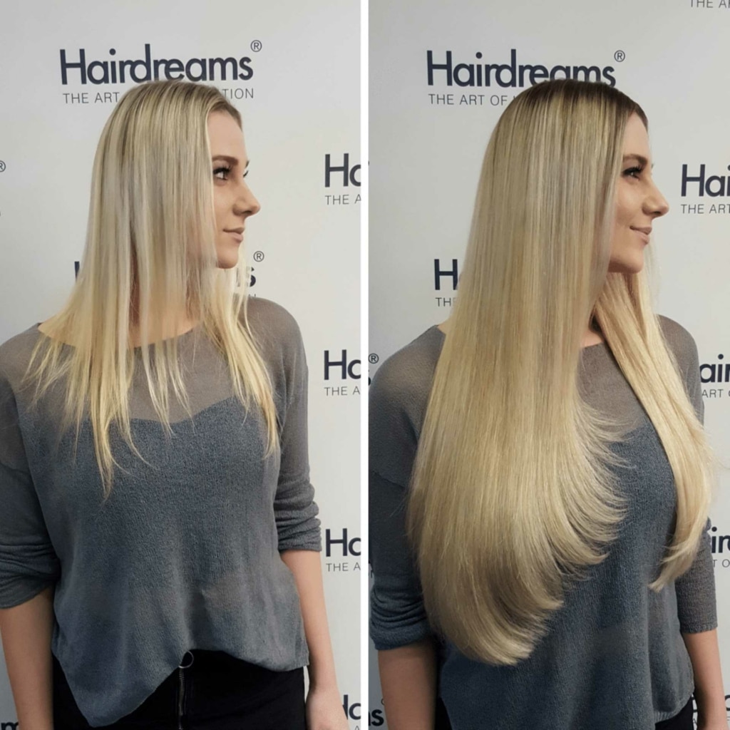 Before and after picture at hair extension for woman with blond hair