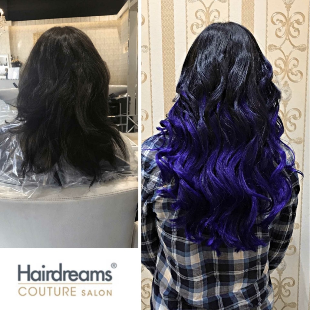 Before and after picture with hair extension from black to blue