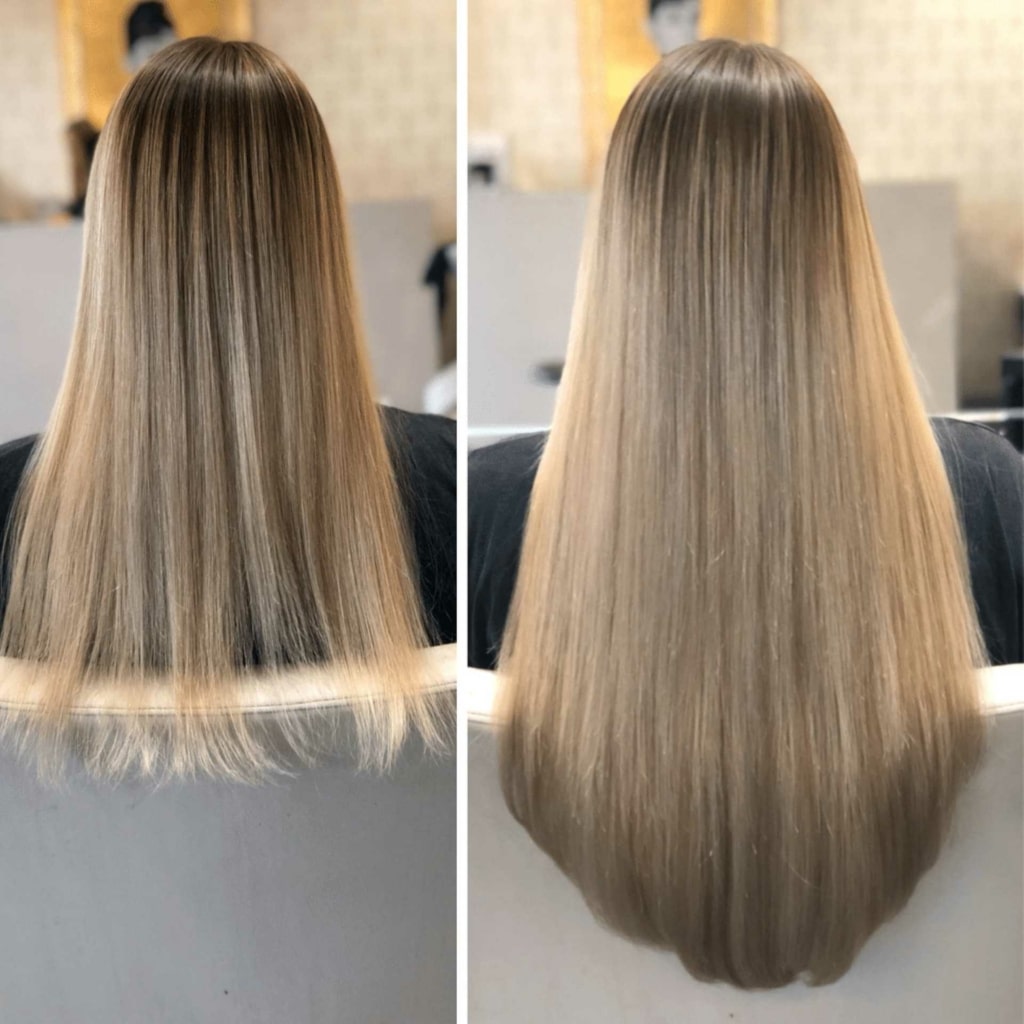 Before and after picture with hair extensions on woman