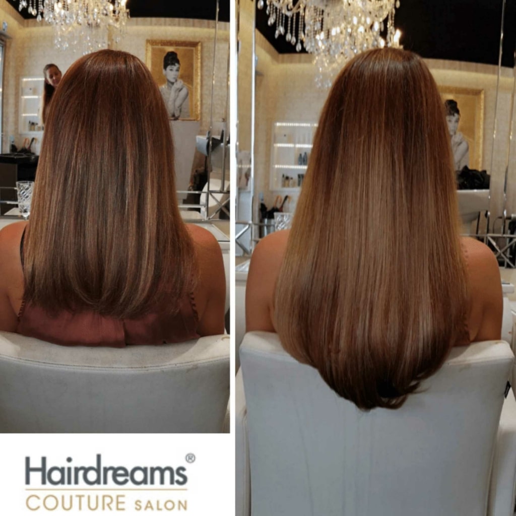 Before and after picture with Hairdreams hair extension on woman with brown hair