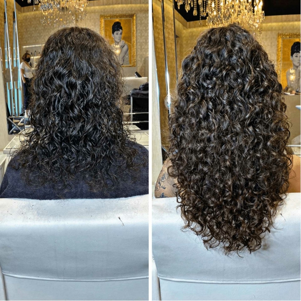 Before and after picture at woman with Hairdreams extensions in light color