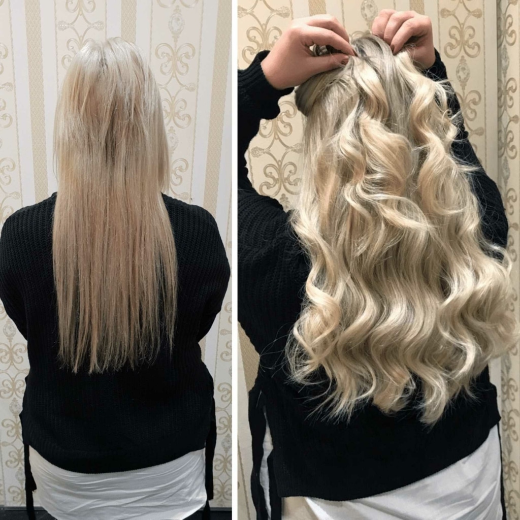 Before and after picture with hair extension on woman