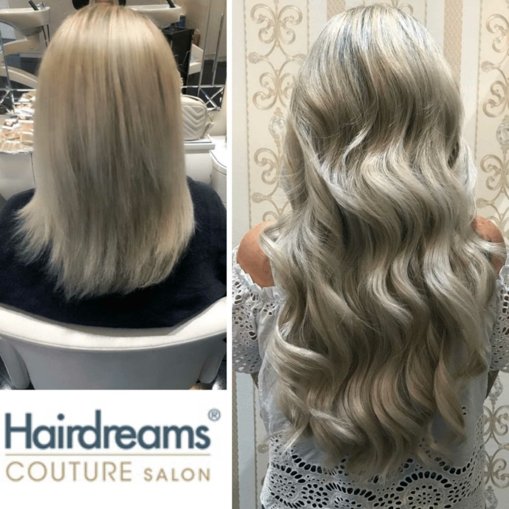 Before and after picture hair extension On woman with platinum color