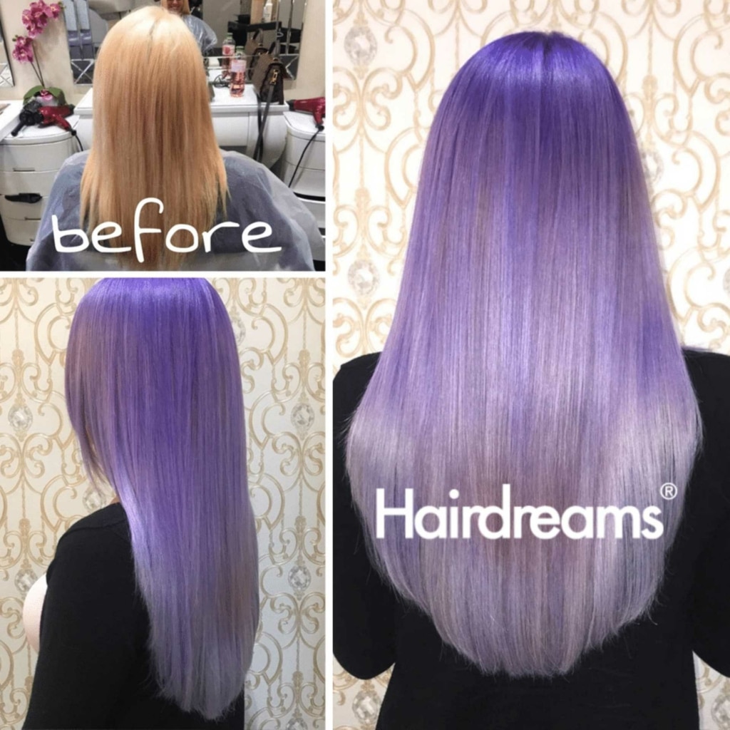 Hair transformation with extension from blonde to purple for woman