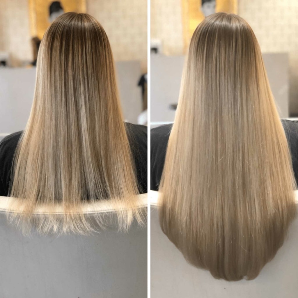 Before and after picture at woman with Hairdreams extensions in light color