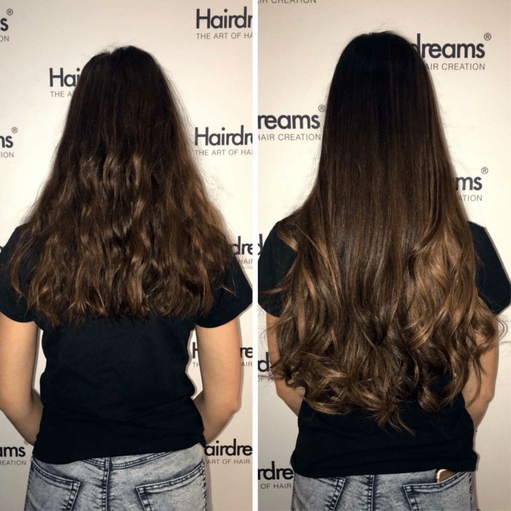 Comparison with and without hair extension with Hairdreams extensions on woman with brown hair