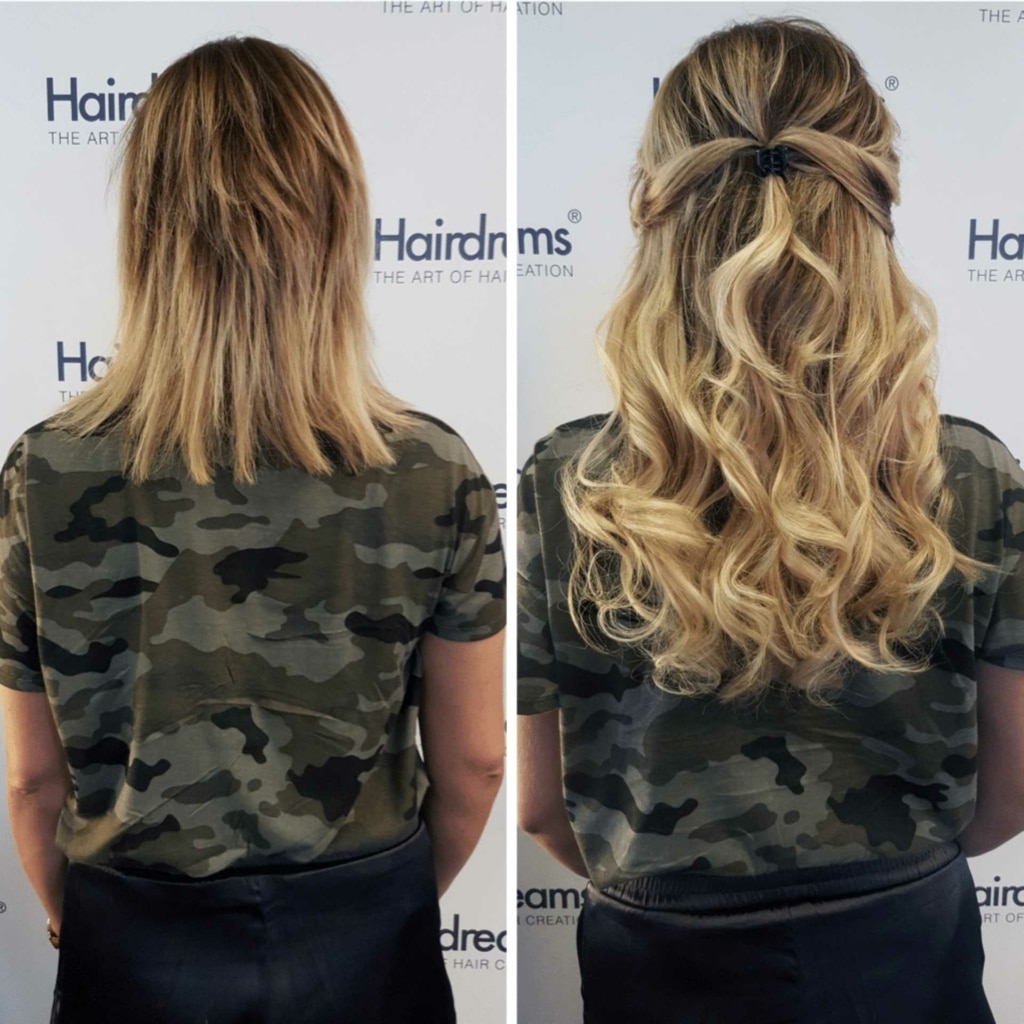 Before and after picture of a woman with Hairdreams extensions with lighter hair