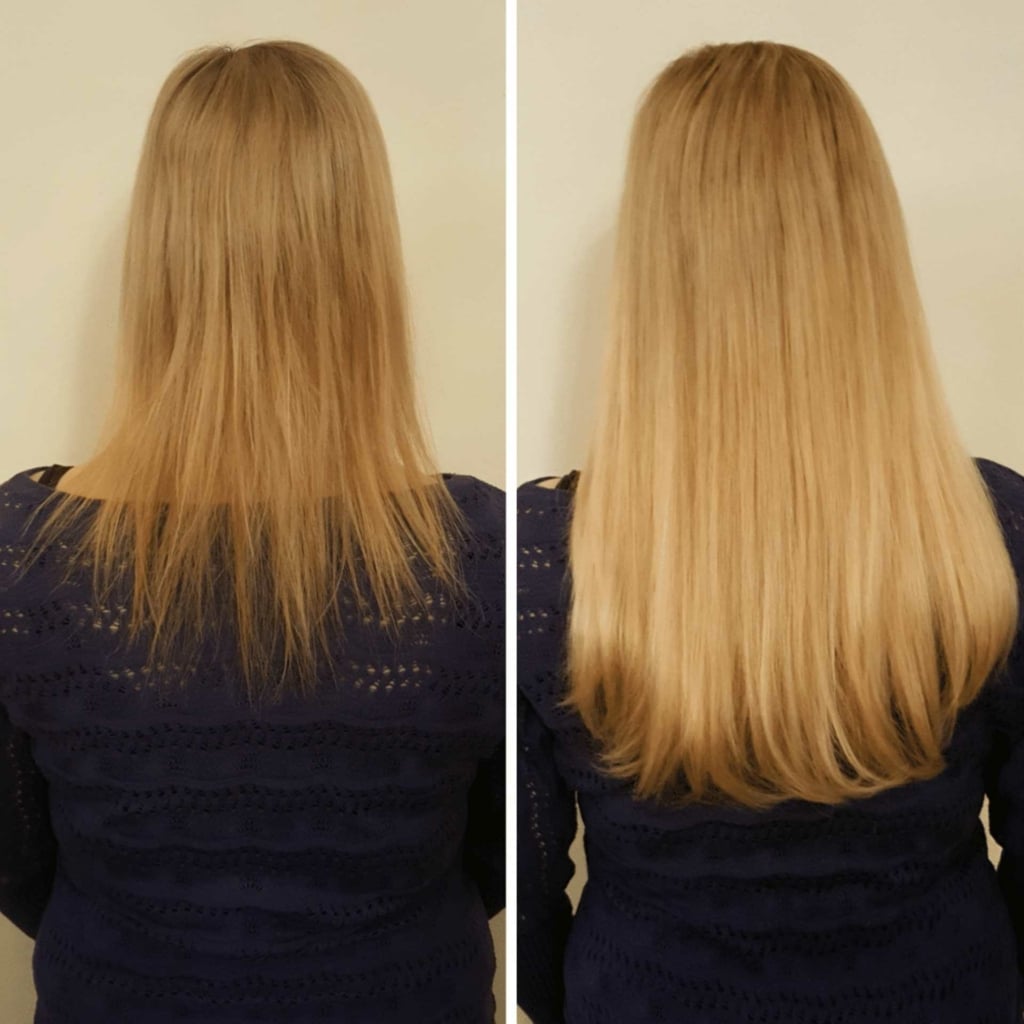 Comparison with Hairdreams extensions on woman with blond hair