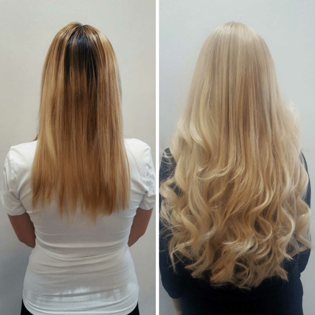 Comparison with hair extension with Hairdreams extensions on woman with lighter hair