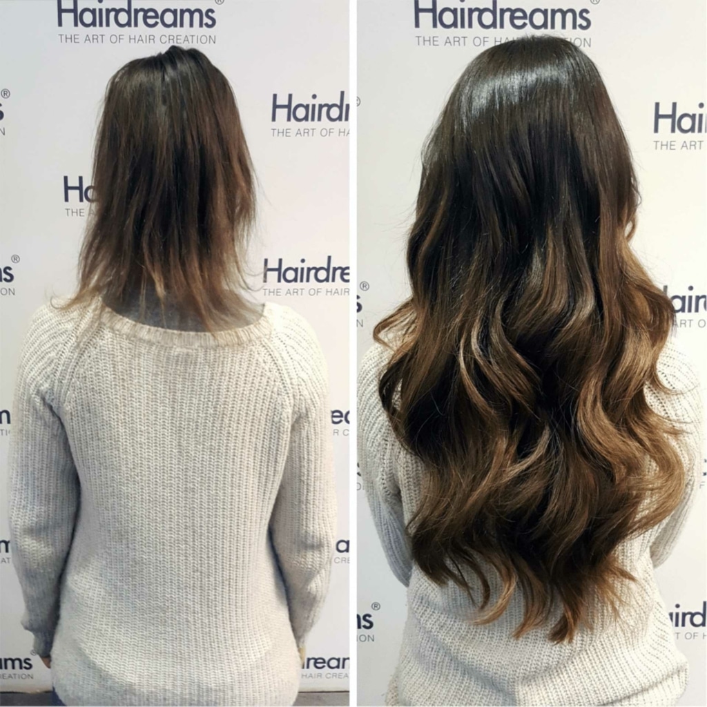 Before and after picture at hair extension with Hairdreams extensions at woman with brown hair