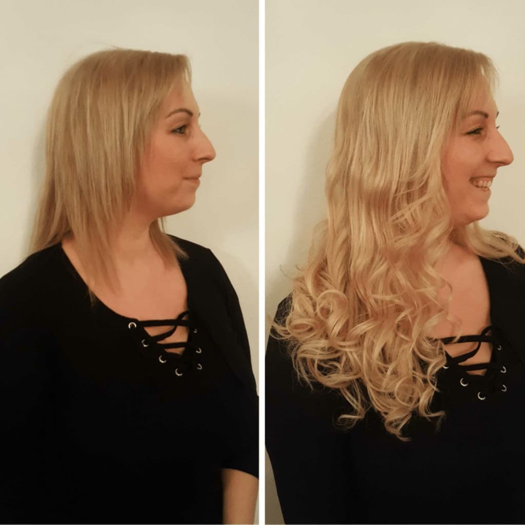 Hair extension before-after with Hairdreams woman with blonde hair
