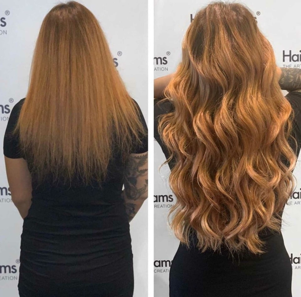 Before and after comparison with hair extension #INSPOS on woman with light brown hair