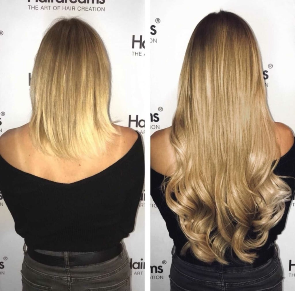 Before and after picture hair extension with #INSPOS on woman with blond hair