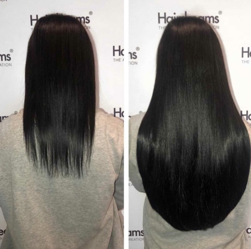 Before and after picture hair extension with #INSPOS on woman with black hair
