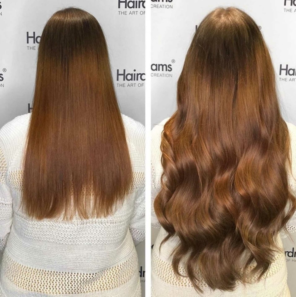 Before and after picture hair extension with #INSPOS on a woman with brown hair with reddish tinge
