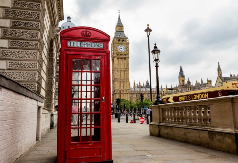 Photo of London with Big Ben and a red telephone box